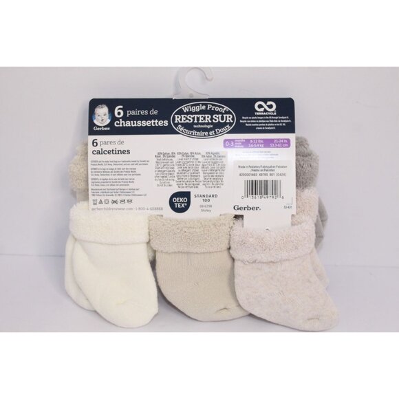 Gerber Wiggle Proof Stay On Infant Bootie Socks 3-6 Months Beige Gray 6 Pack - Picture 2 of 7
